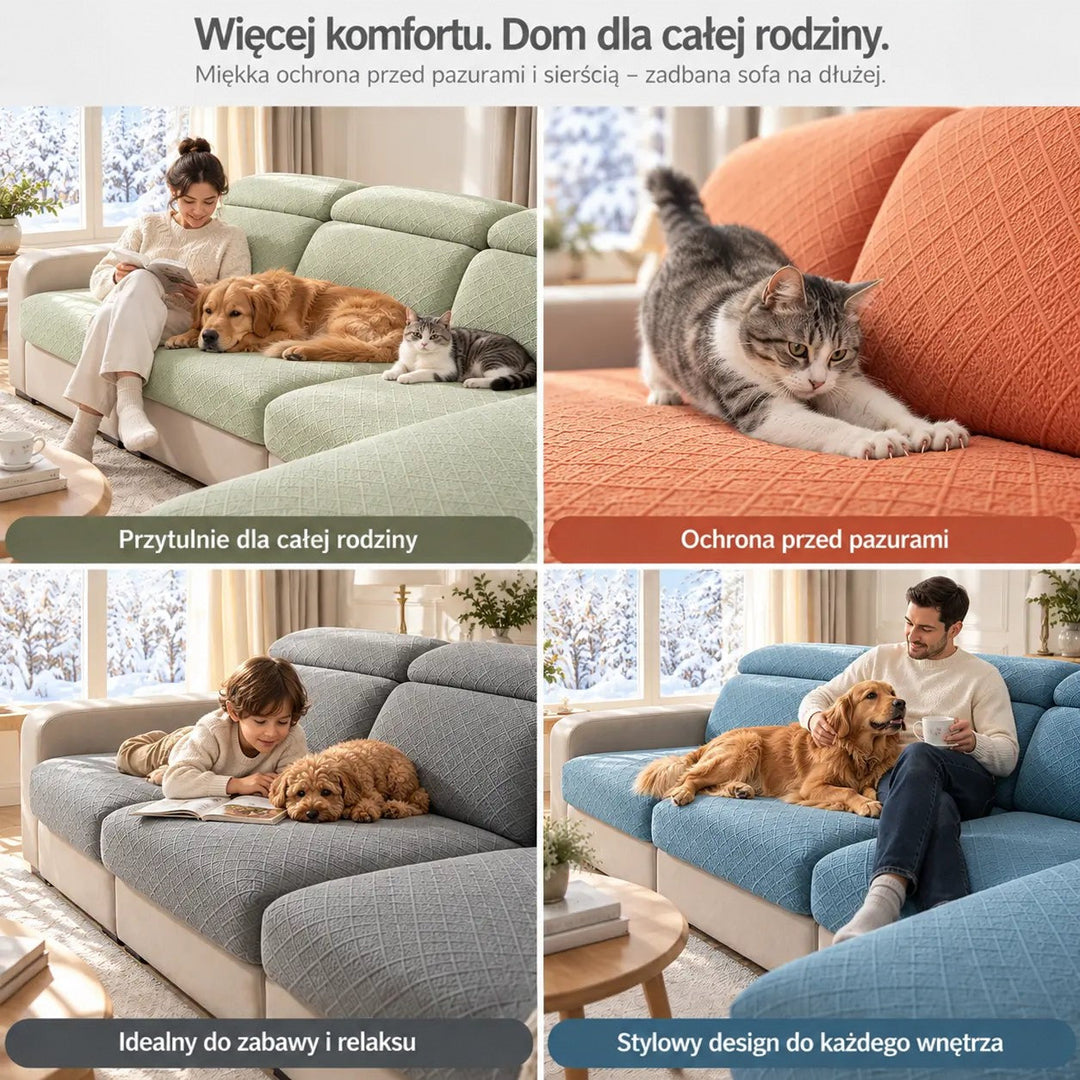 Cztery ujęcia rodziny ze zwierzętami na sofach w zielonym, pomarańczowym, szarym i niebieskim kolorze pokrowców 6