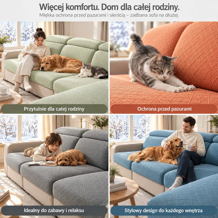 Cztery ujęcia rodziny ze zwierzętami na sofach w zielonym, pomarańczowym, szarym i niebieskim kolorze pokrowców 6
