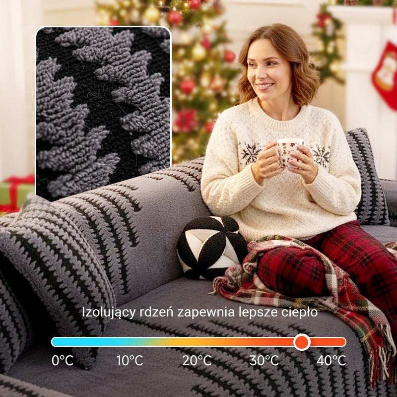 Kobieta z kubkiem na sofie z szarą narzutą, w rogu zbliżenie na puszystą fakturę 2
