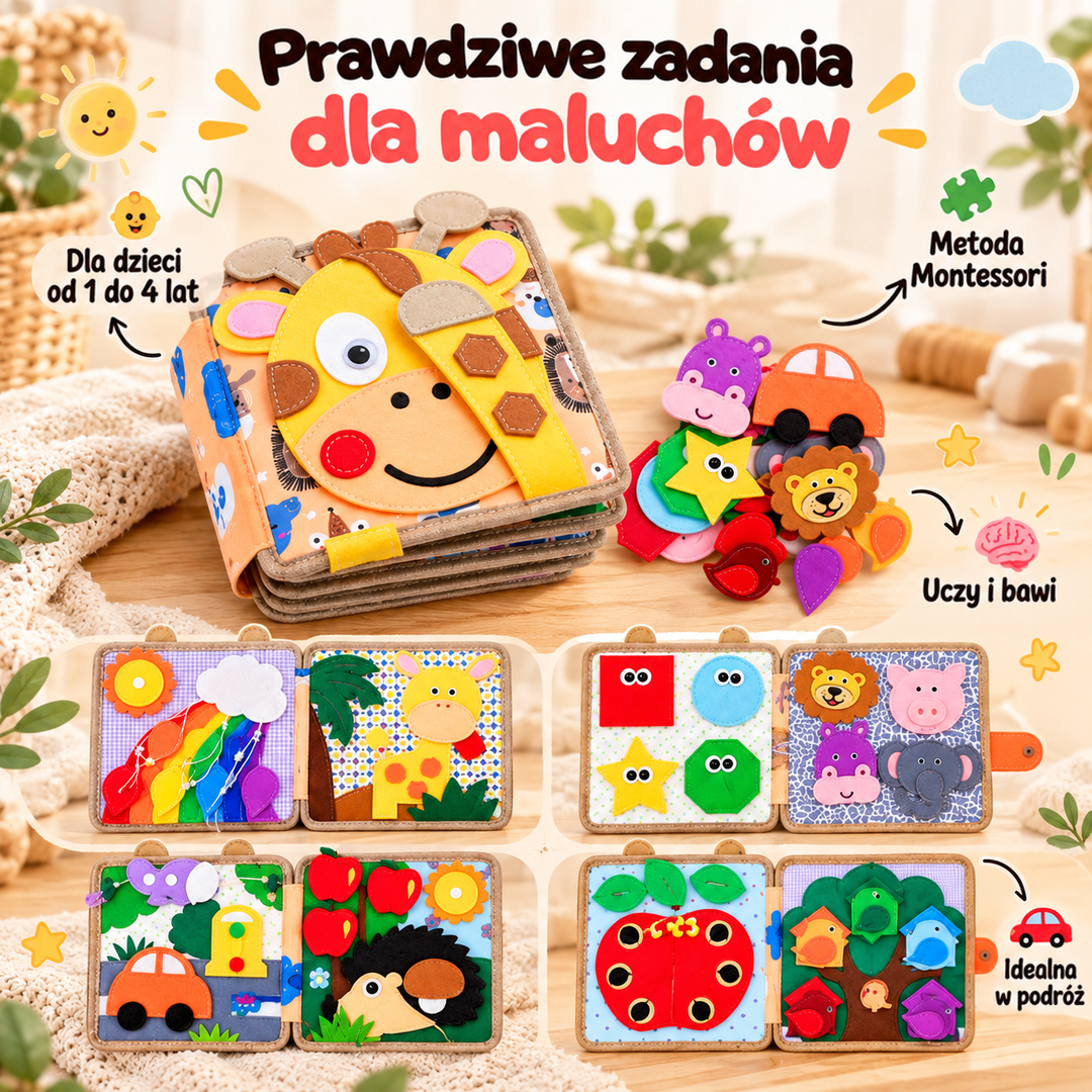 Książeczka z żyrafą, filcowe zwierzątka i cztery rozkładówki z tęczą, kształtami, autem i jabłkiem; napisy w obcym języku 3