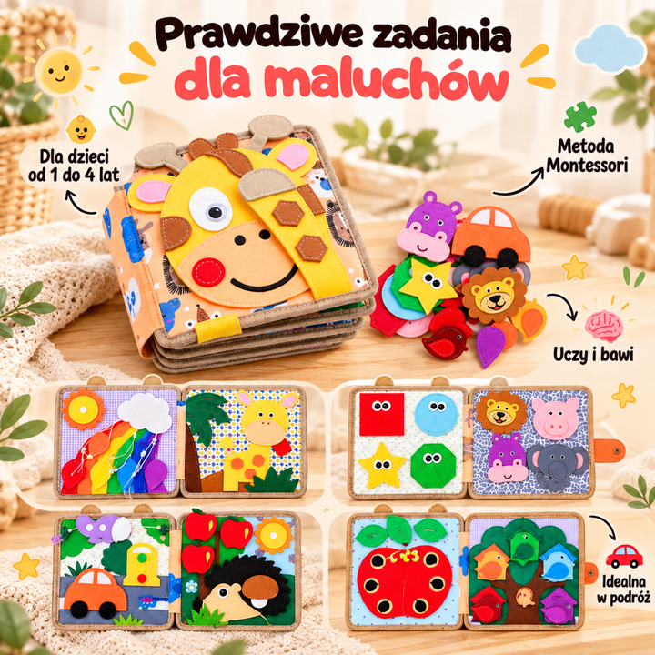 Książeczka z żyrafą, filcowe zwierzątka i cztery rozkładówki z tęczą, kształtami, autem i jabłkiem; napisy w obcym języku 3