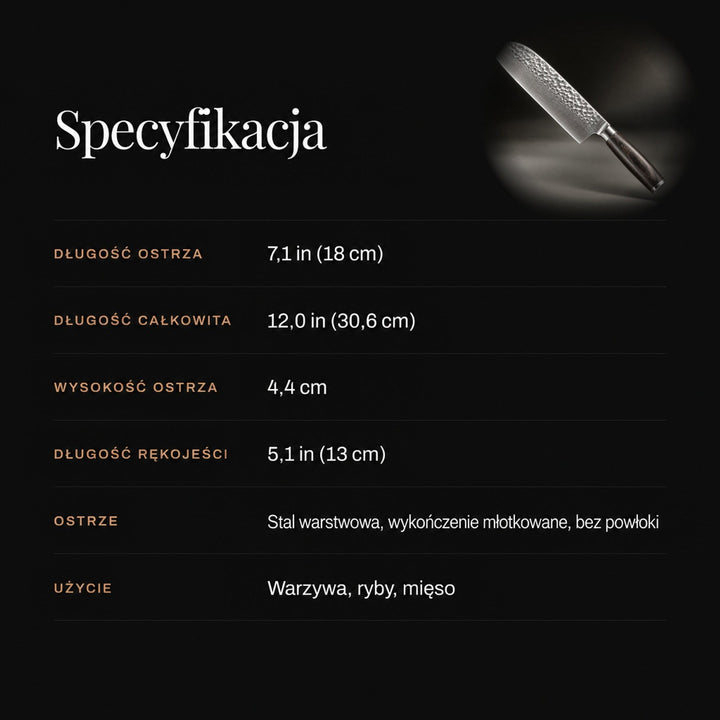 Grafika z tabelą danych technicznych noża, z listą wymiarów, opisem ostrza i zastosowania 4
