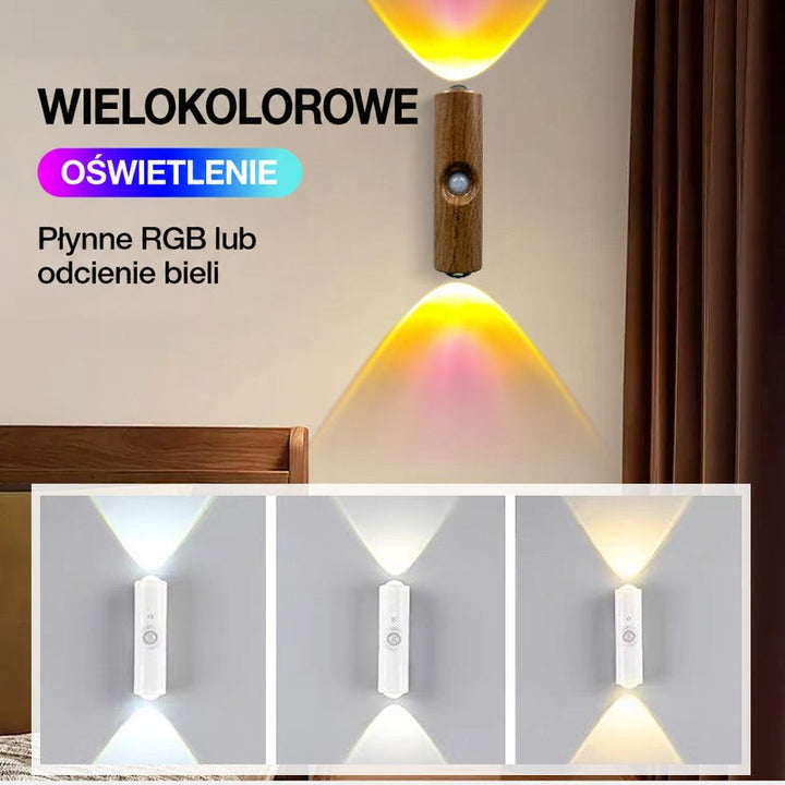 Lampa w drewnopodobnej obudowie w sypialni z kolorowym światłem oraz trzy odcienie bieli poniżej 9