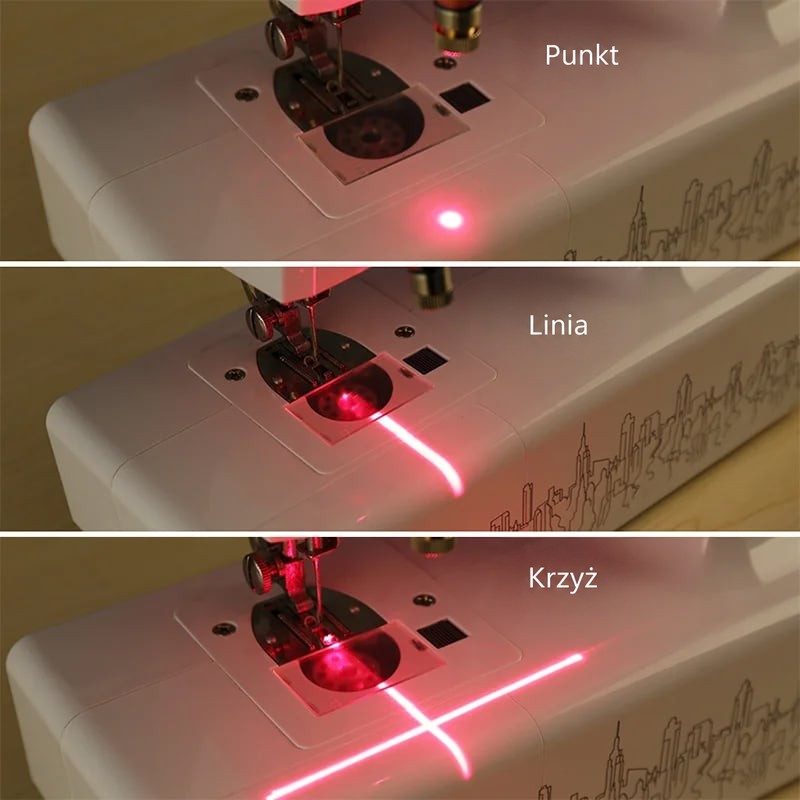 Trzy ujęcia przy płytce ściegowej maszyny pokazują wiązkę laserową jako punkt, linię i krzyż 3