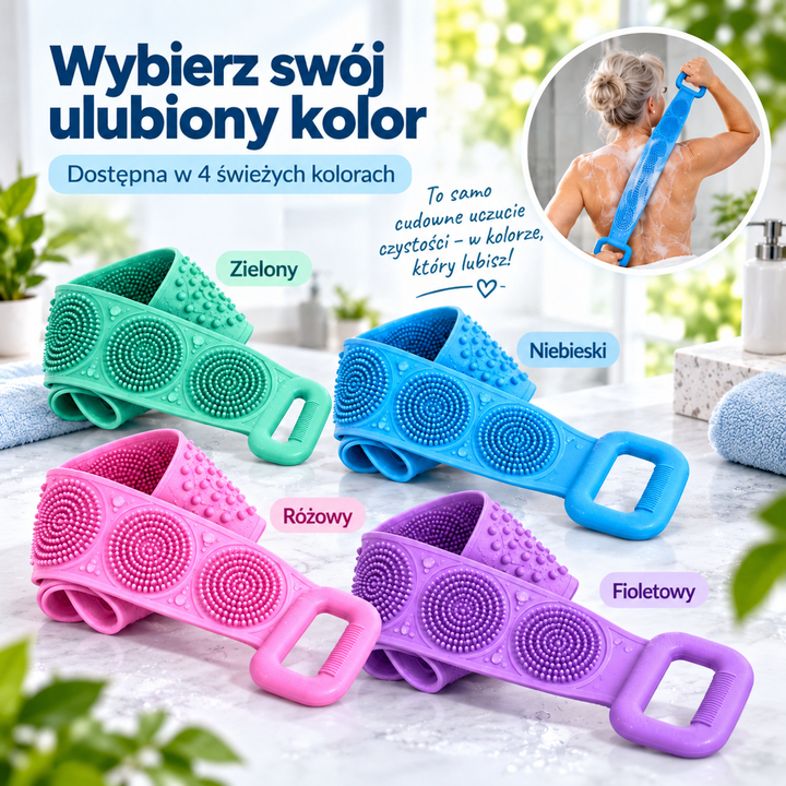 Cztery silikonowe szczotki w kolorach zielonym, niebieskim, różowym i fioletowym oraz kobieta myjąca plecy w kółku 8