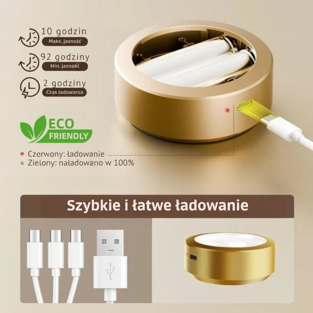 Złota lampa z widocznymi bateriami w środku, podłączona kablem USB, obok zestaw kabli do ładowania 3