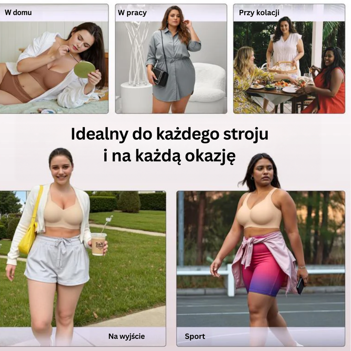 Kolaż pięciu sytuacji, w których modelki noszą biustonosz: w domu, w pracy, na kolacji, na spacerze i podczas sportu 15