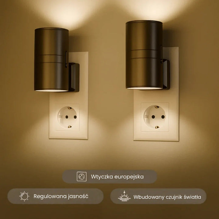 Dwie ciemne lampki wtykowe w gniazdkach świecą ciepłym światłem w górę i w dół, z ikonami funkcji 1