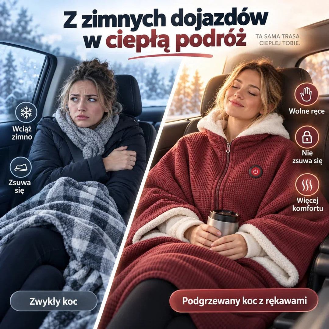 Zestawienie dwóch ujęć w samochodzie: zmarznięta kobieta pod zwykłym kocem i kobieta w bordowej narzucie 4