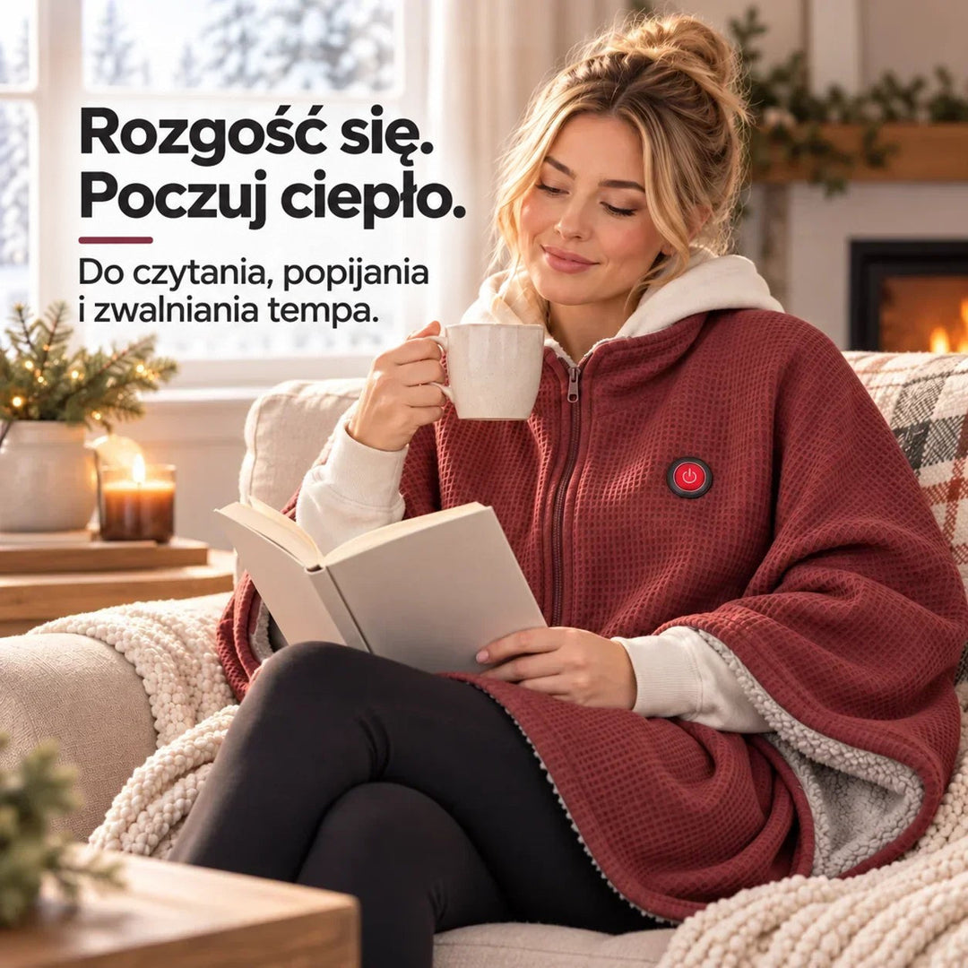 Kobieta w bordowej narzutce czyta książkę z kubkiem na kanapie przy kominku 10