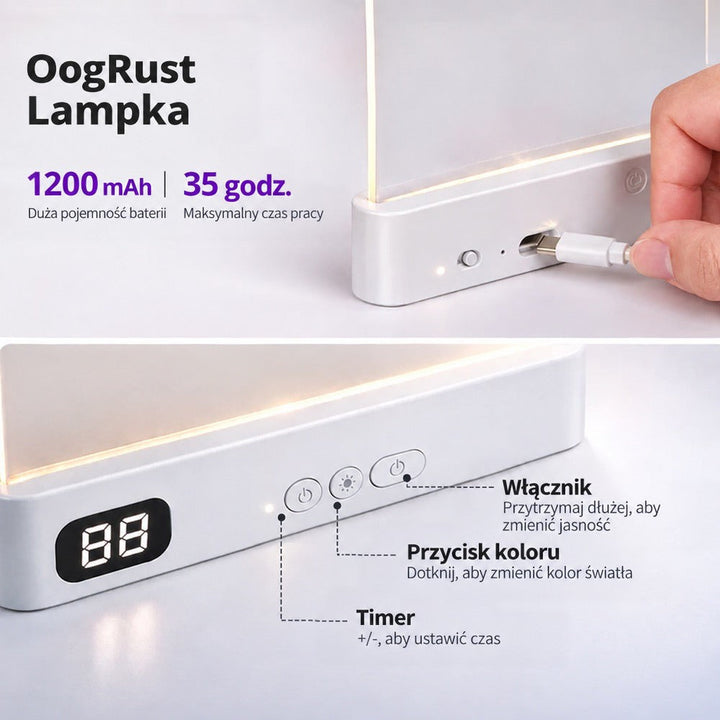 Zbliżenie na podstawę lampki: wtyczka USB wpinana do gniazda oraz opisane przyciski i wyświetlacz 8