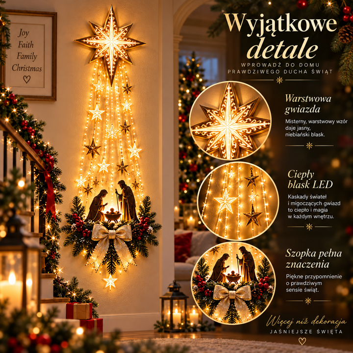 Dekoracja na ścianie przy schodach, obok trzy okrągłe zbliżenia gwiazdy, światełek i szopki 4
