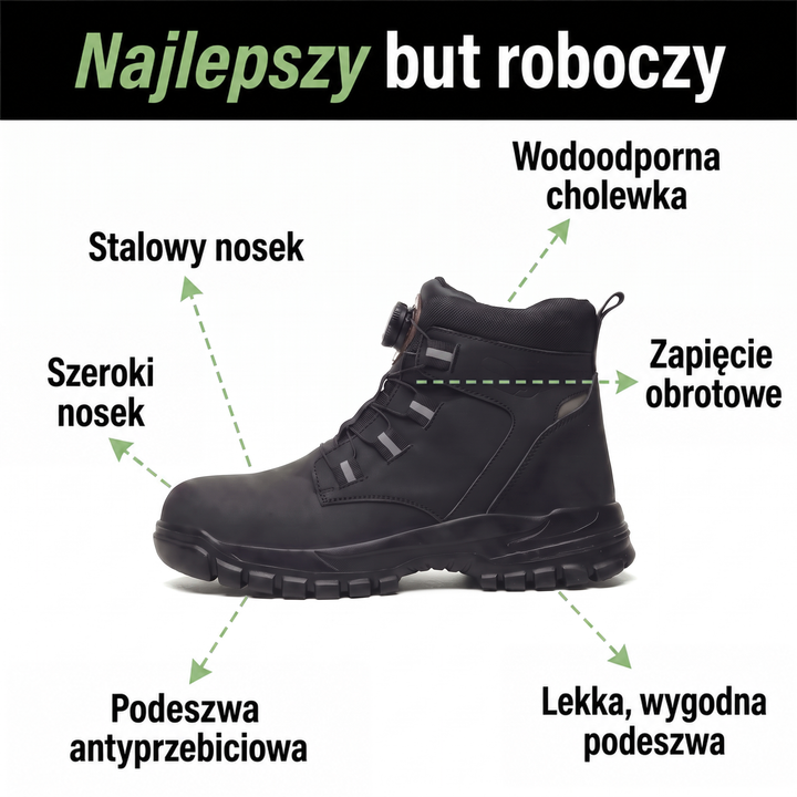 Czarny but roboczy z boku z opisanymi strzałkami elementami: stalowy nosek, szerokie przodostopie, podeszwa i zapięcie 2
