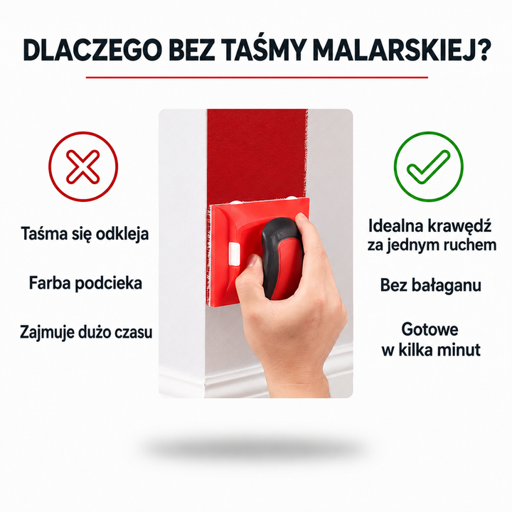 Dłoń prowadzi narzędzie wzdłuż listwy przypodłogowej, malując prosty pas czerwonej farby na białej ścianie 4