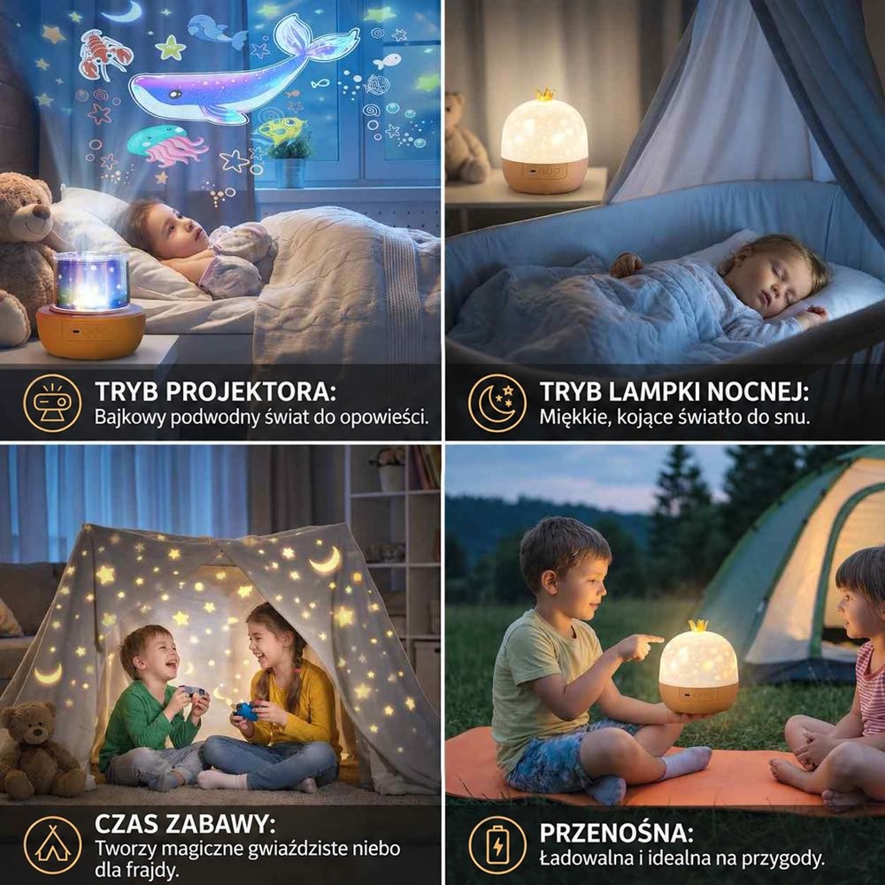 Cztery sceny użycia: projekcja oceanu przed snem, światło nocne przy łóżeczku, zabawa w namiocie i lampka na biwaku 3