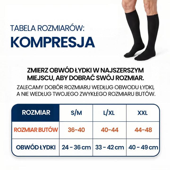Tabela rozmiarów pończoch według obwodu łydki i numeru buta, z czarnymi pończochami na nogach modela 11