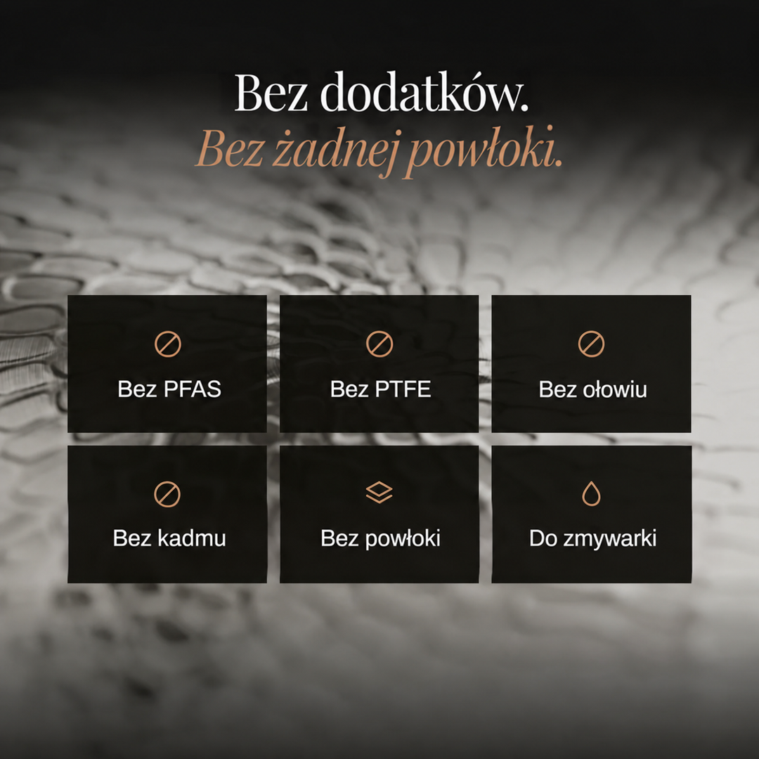 Grafika z sześcioma ikonami cech patelni na tle zbliżenia młotkowanej powierzchni 3