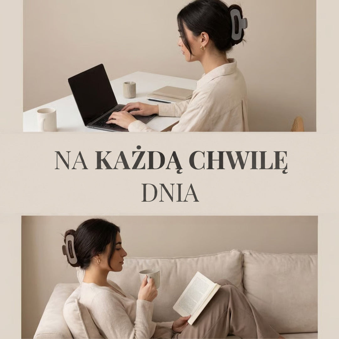 Dwa ujęcia kobiety z szarą spinką w koku: pracuje przy laptopie i czyta na kanapie 4