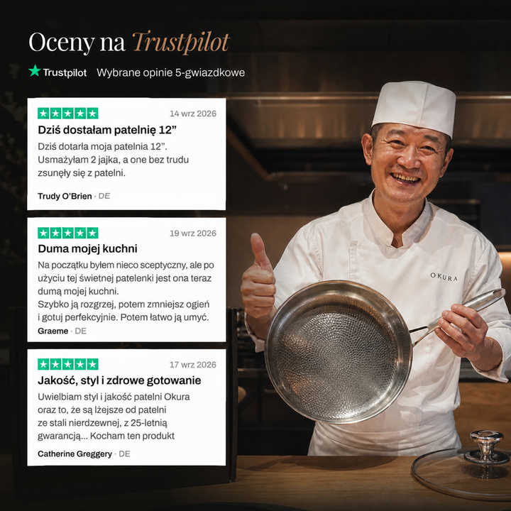 Uśmiechnięty kucharz w białym stroju trzyma patelnię z kciukiem w górze, obok opinie klientów 7