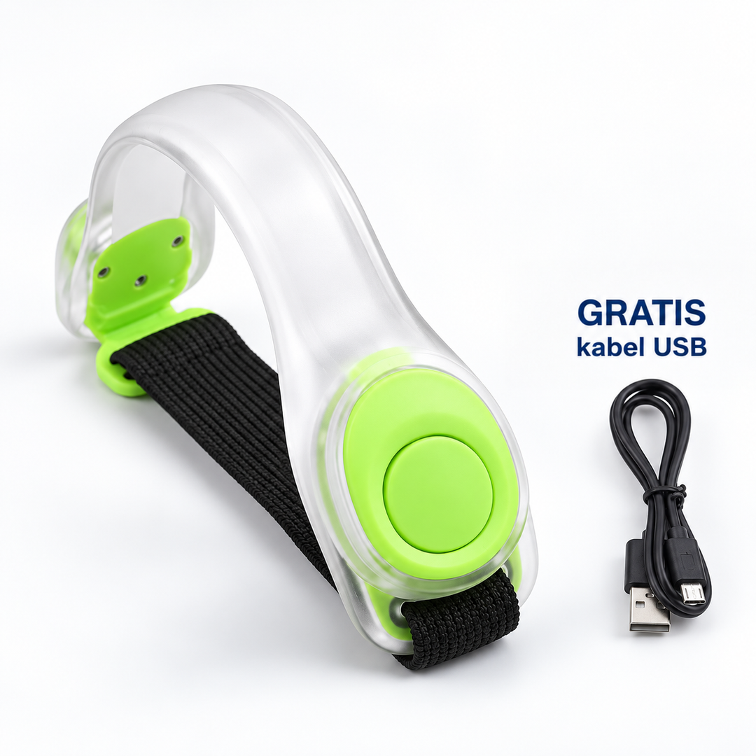 Przezroczysta opaska z limonkowozielonymi elementami i czarnym paskiem, obok kabel USB 11
