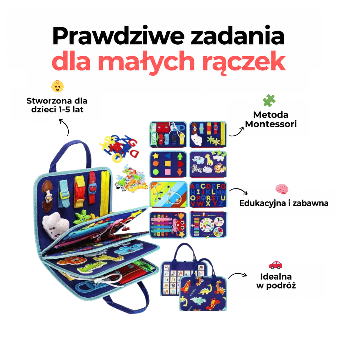 Grafika z granatową książką, rozłożoną na strony, z akcesoriami i opisem zalet dla małych rączek 9