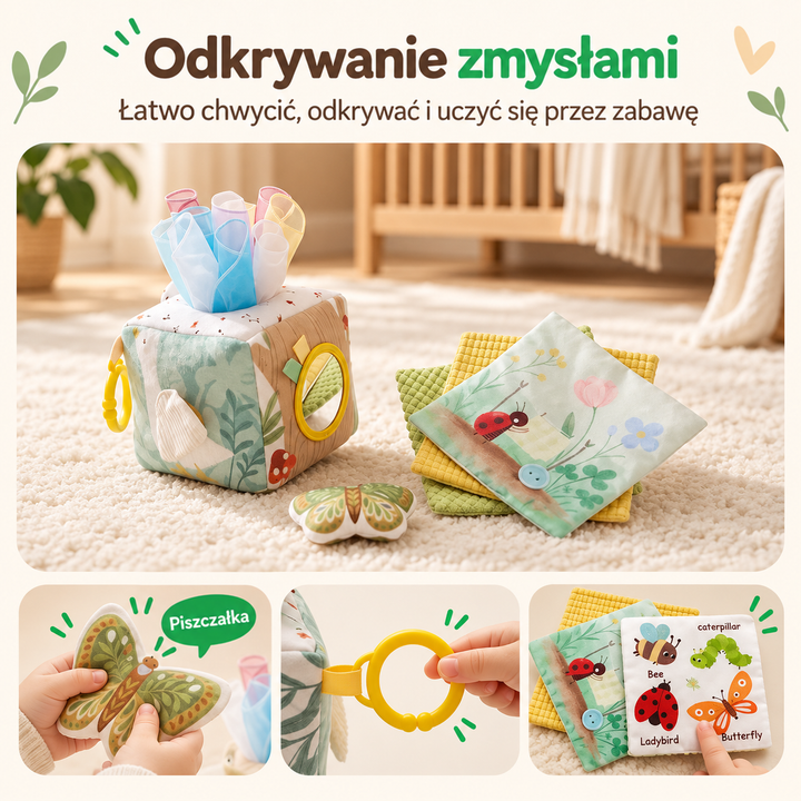 Kostka, karteczki i pluszowy motyl na dywanie, a poniżej zbliżenia: piszczący motyl, żółte kółko do zawieszenia, książeczka z 3