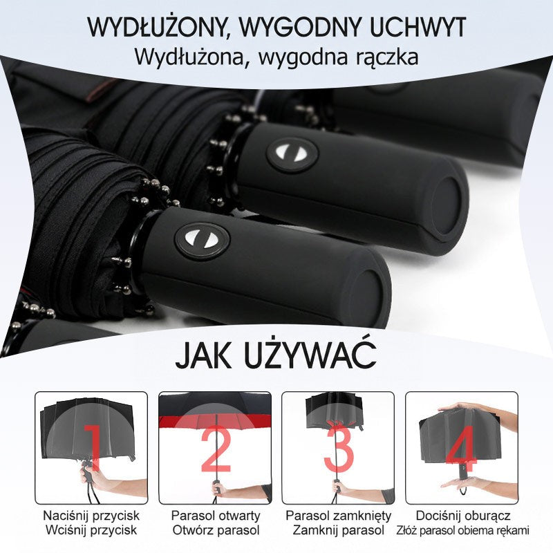 Zbliżenie na wygodne uchwyty złożonych parasoli z przyciskiem oraz cztery kroki obsługi automatu 8
