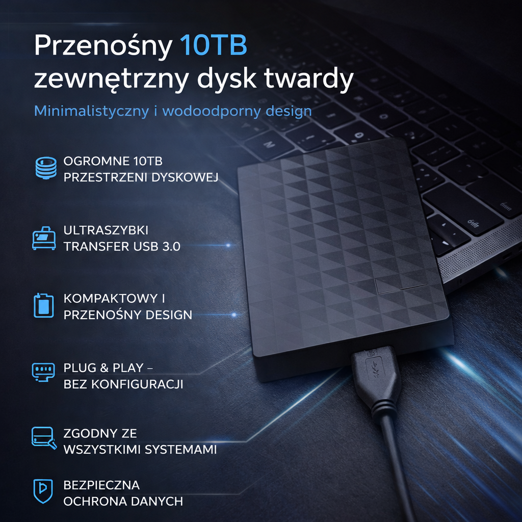 Grafika informacyjna: dysk podłączony do laptopa i lista zalet, jak pojemność, szybkość i kompaktowość 5