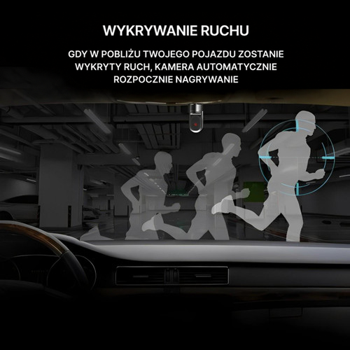 Sylwetki biegnącego mężczyzny na parkingu podziemnym widziane przez szybę auta z kamerą, ilustrujące wykrywanie ruchu 6