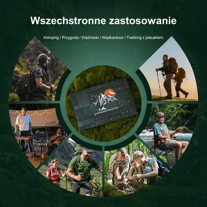 Pudełko kalendarza pośrodku, wokół zdjęcia osób na pieszych wędrówkach, biwaku, grillu i wędkowaniu 6