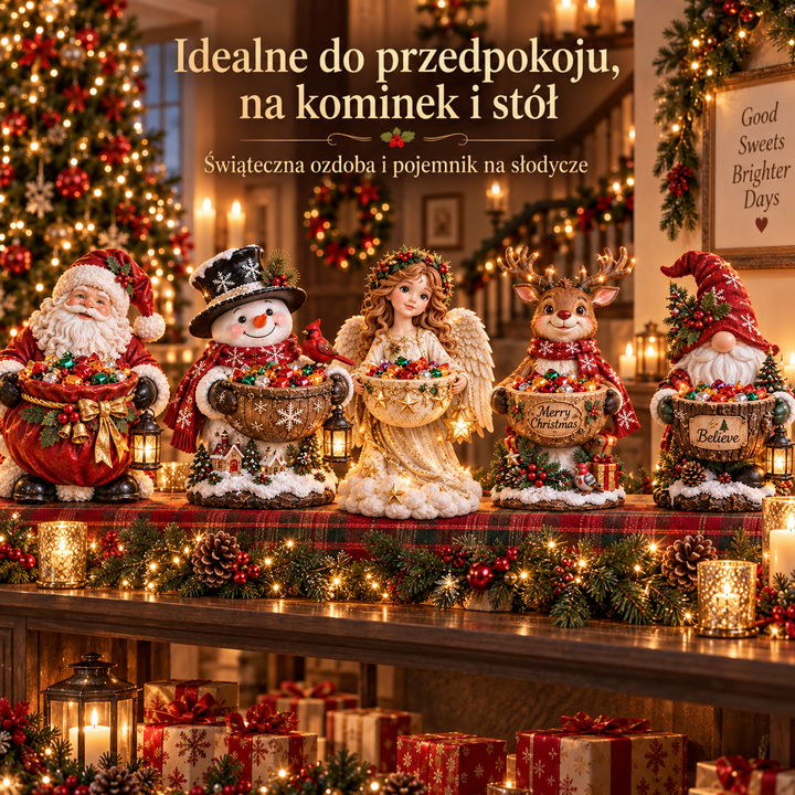 Pięć świątecznych figurek ustawionych na kominku wśród girland, świec i prezentów, jako dekoracja z misami na słodycze 7