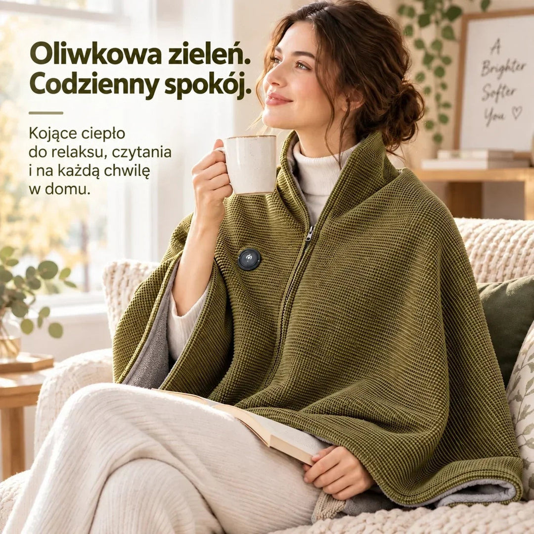 Kobieta owinięta oliwkowozieloną narzutą z szarą podszewką siedzi na sofie z kubkiem i książką 8