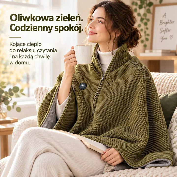 Kobieta owinięta oliwkowozieloną narzutą z szarą podszewką siedzi na sofie z kubkiem i książką 8