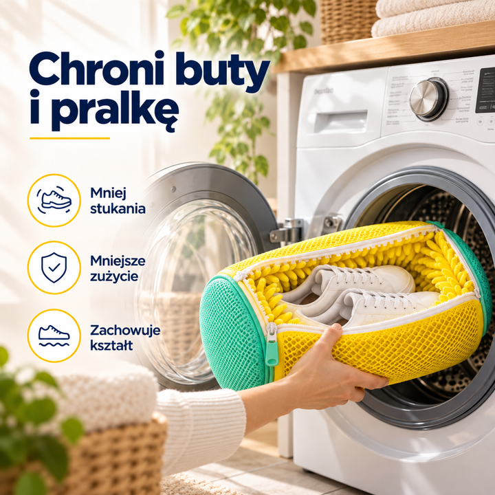 Dłoń wkłada do bębna pralki żółty worek z parą białych sneakersów 3