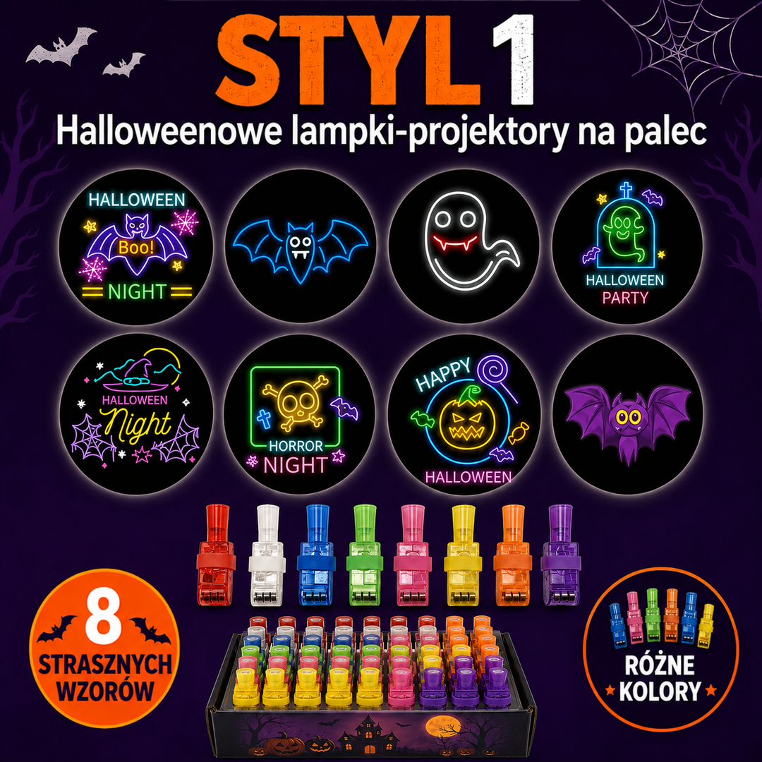 Zestaw pierwszy: osiem neonowych wzorów na Halloween i ośmiokolorowe projektory ustawione nad pudełkiem 2