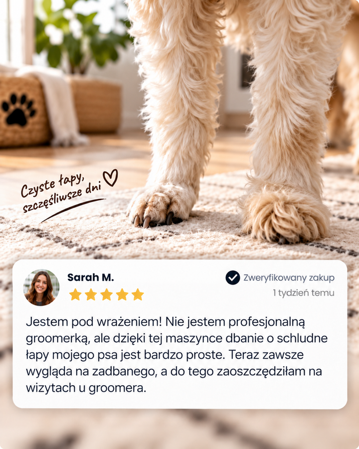 Puszyste łapy psa na dywanie, poniżej ramka z pozytywną opinią kupującego 9