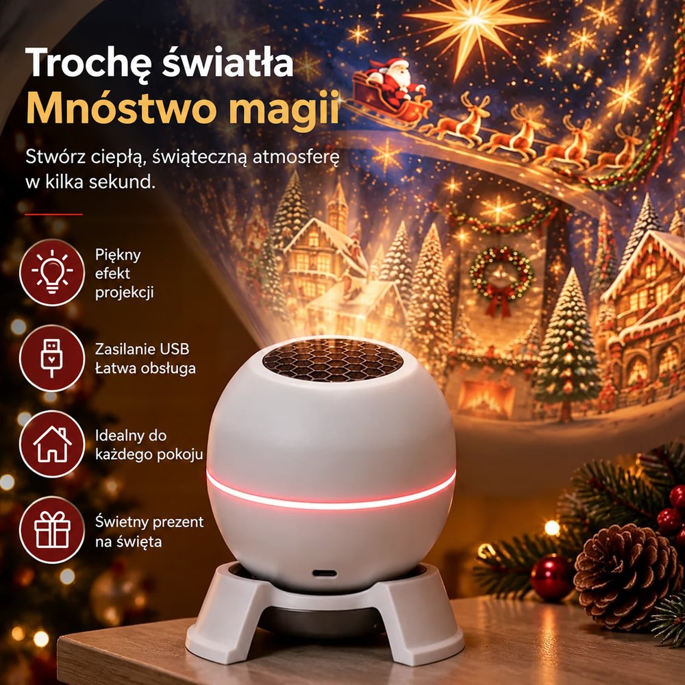 Zbliżenie na białą kulę z czerwonym świecącym paskiem i projekcją Mikołaja na saniach oraz zaśnieżonych domków 4