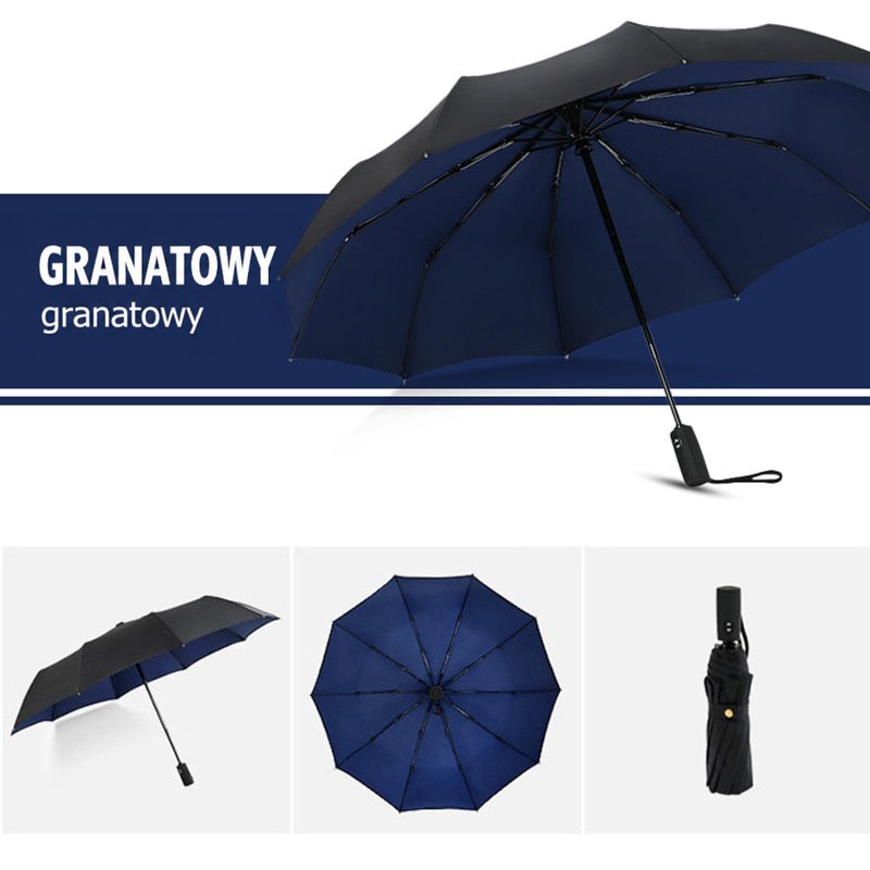 Parasol z czarnym wierzchem i granatowym spodem kopuły, pokazany rozłożony, od spodu i złożony 3