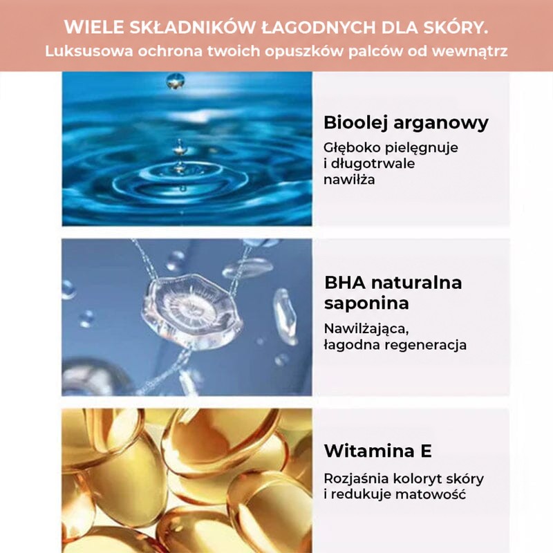 Grafika z trzema składnikami olejku: kropla wody, kryształowa struktura i żółte kapsułki witaminy E 4