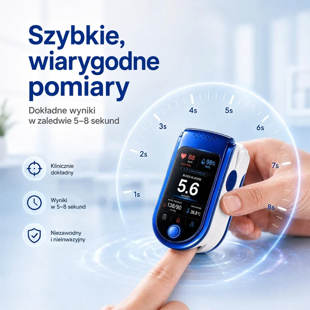 Dłoń zakłada miernik na palec wskazujący, wokół urządzenia skala sekund od jednej do ośmiu ilustrująca szybkość pomiaru. 12
