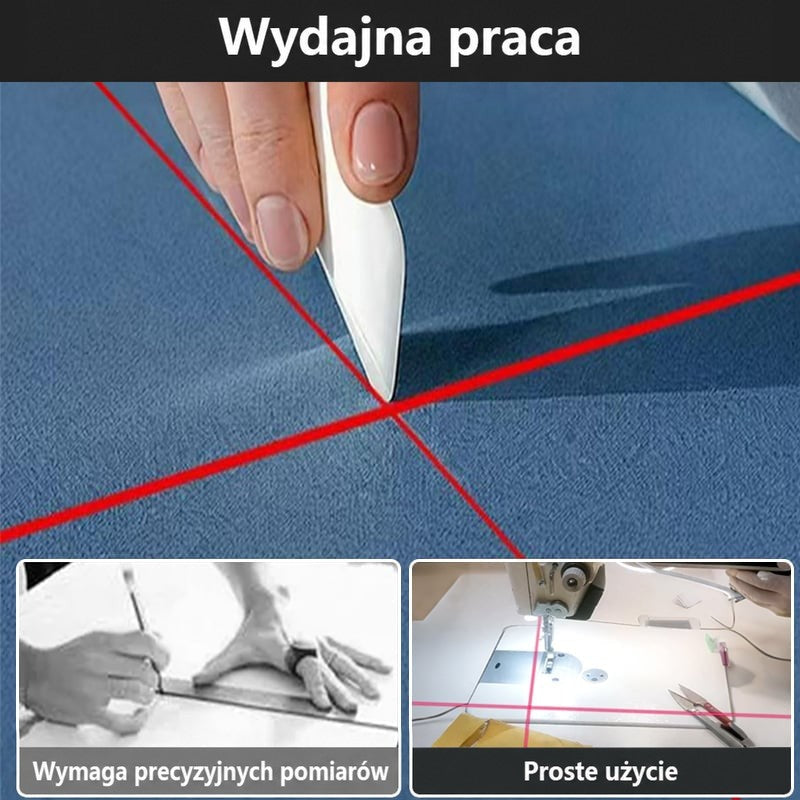 Czerwony krzyż laserowy na niebieskiej tkaninie z markowaniem dłonią, obok porównanie z ręcznym mierzeniem linijką 6