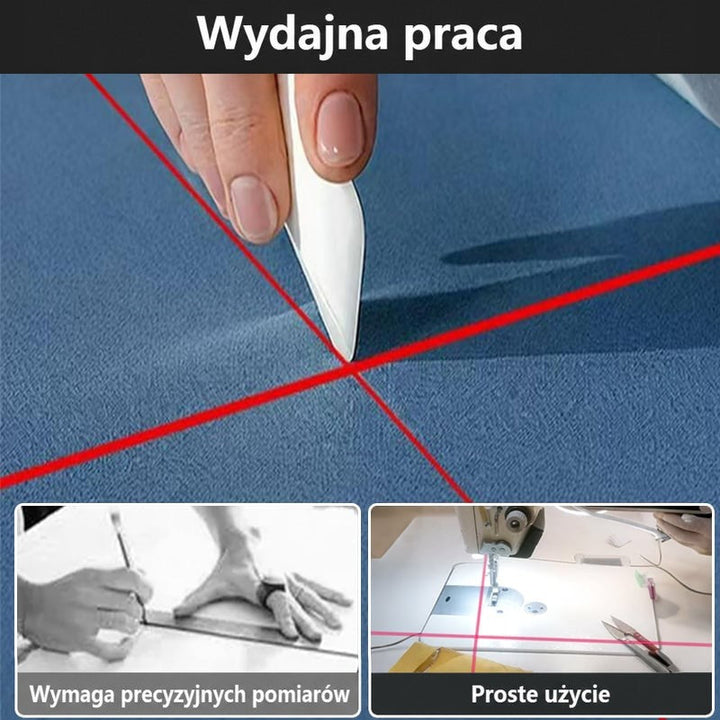 Czerwony krzyż laserowy na niebieskiej tkaninie z markowaniem dłonią, obok porównanie z ręcznym mierzeniem linijką 6