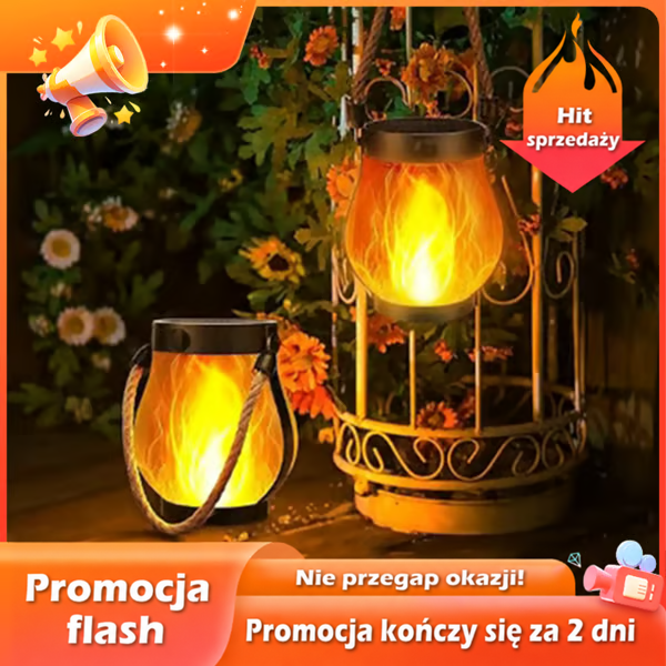 Dwie lampy z płomieniem, jedna w klatce ozdobnej, druga na ziemi wśród kwiatów, w grafice promocyjnej 2