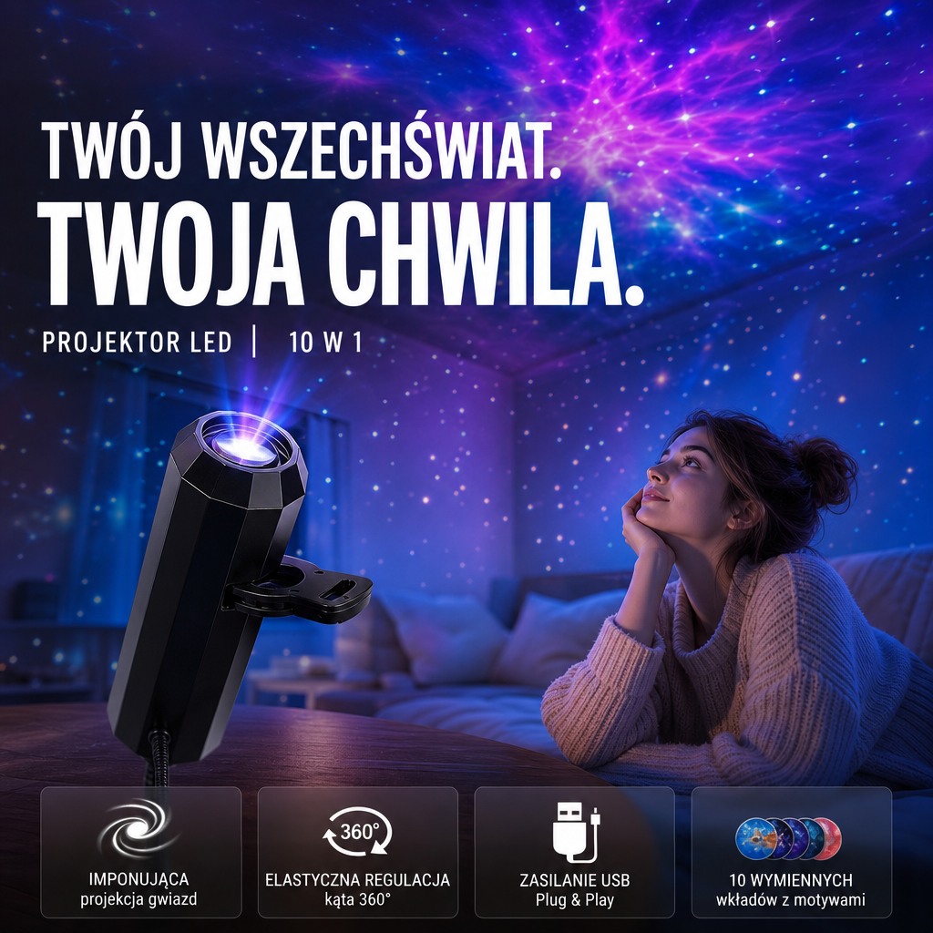 Czarny projektor na klipsie na stole, a kobieta leży i patrzy na fioletowe gwiazdy na suficie 2