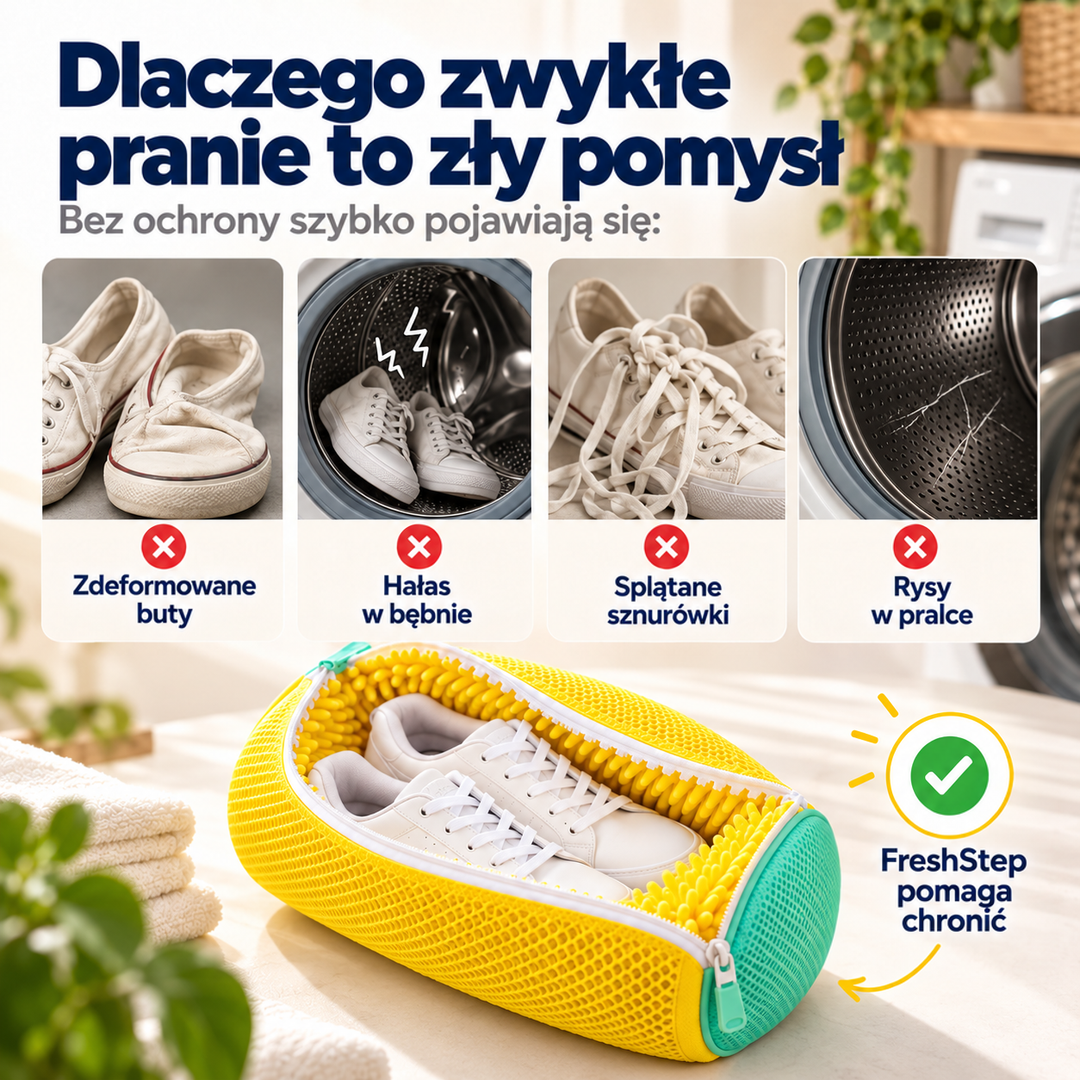Porównanie zniszczeń przy praniu bez ochrony oraz otwarty żółty worek z butami na blacie 2