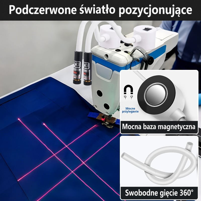 Dwie prowadnice laserowe nad maszyną wyznaczają czerwone krzyżujące się linie na granatowej tkaninie, z wstawkami o magnesie 2