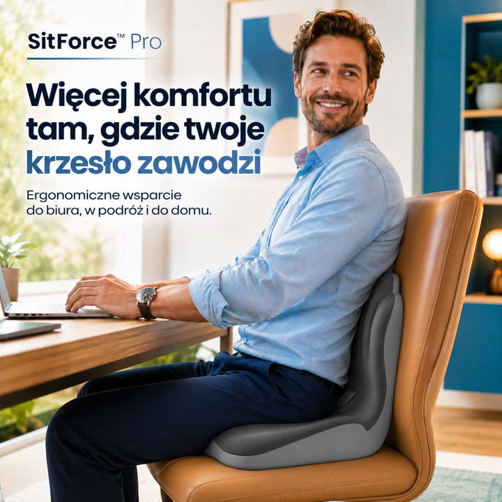 Mężczyzna w błękitnej koszuli pracuje przy laptopie na skórzanym fotelu z poduszką ergonomiczną 6