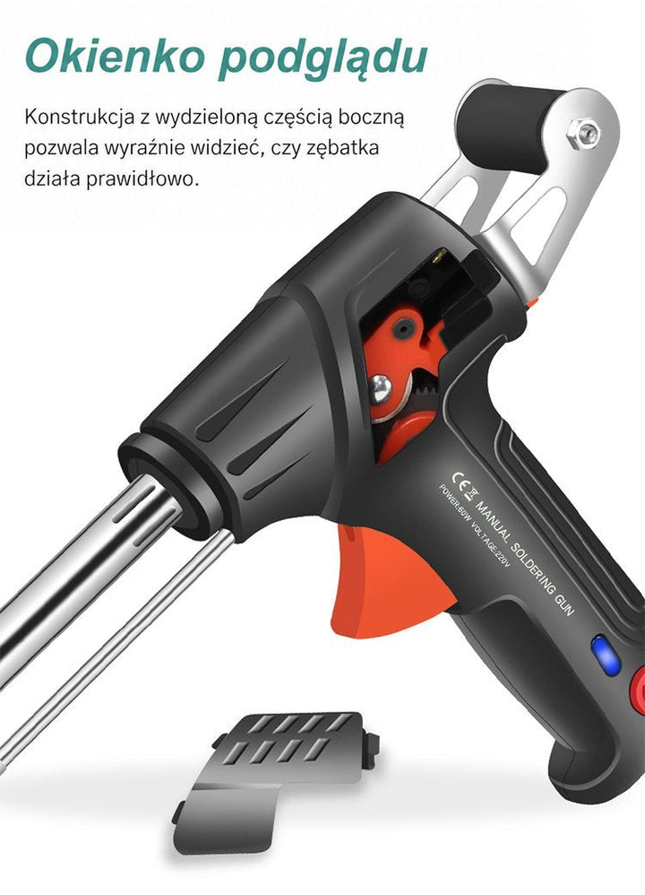 Narzędzie z odłączoną boczną osłoną odsłaniającą pomarańczowy mechanizm podawania drutu 7