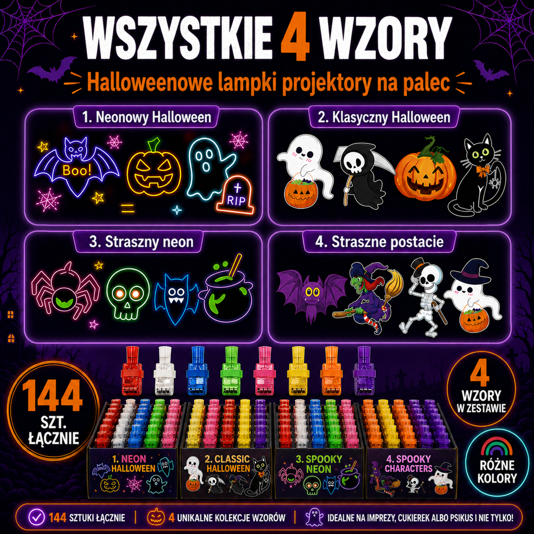Zestawienie wszystkich czterech stylów wzorów, osiem kolorów projektorów i cztery pudełka razem po 144 sztuki 6