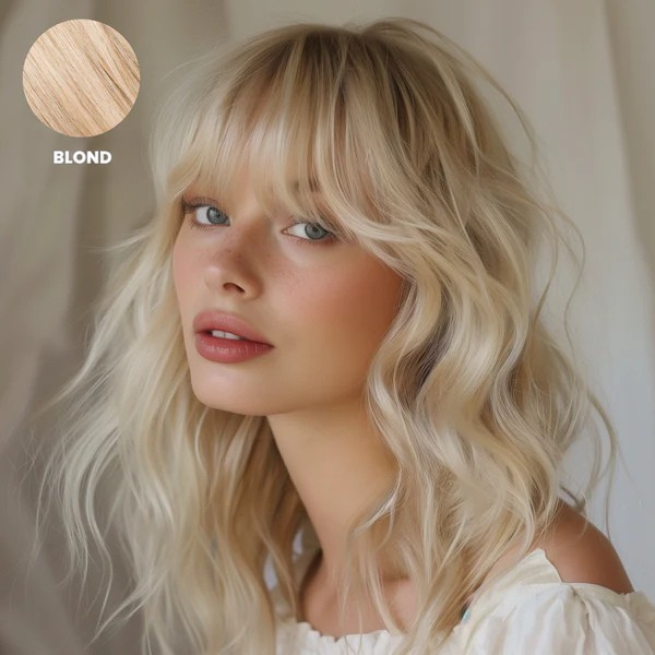 Modelka w profilu trzech czwartych z falowanymi jasnoblond włosami i grzywką, z próbką koloru 3